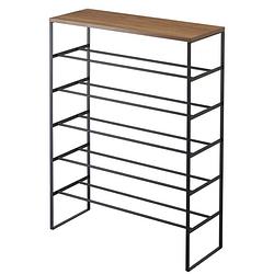 Foto van Yamazaki shoe rack with wood top board - tower - black