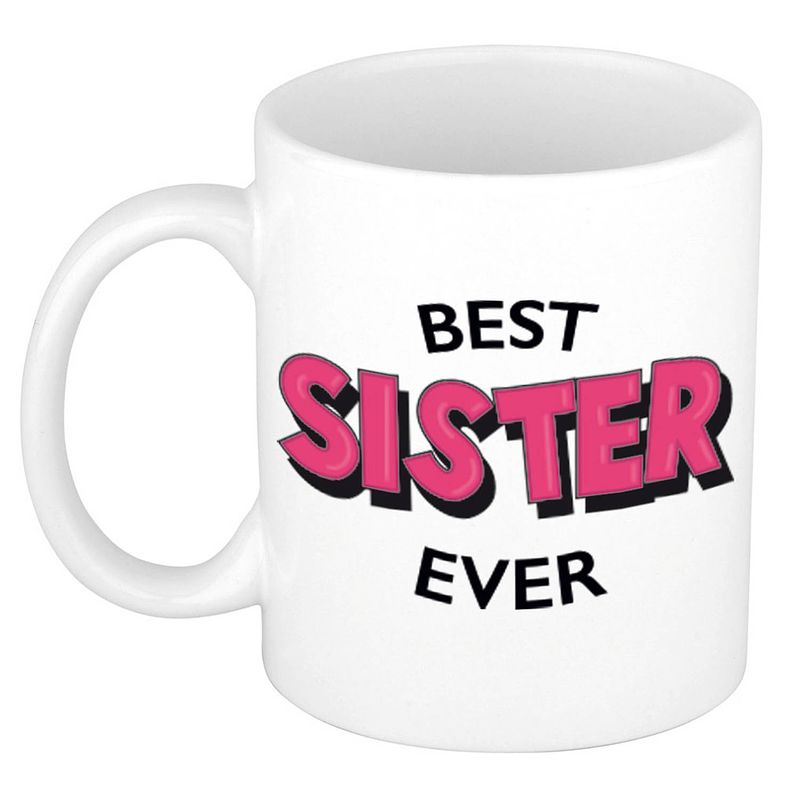 Foto van Best sister ever cadeau mok / beker wit met roze cartoon letters 300 ml - feest mokken