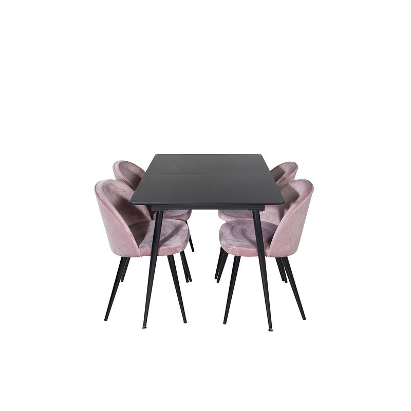 Foto van Silarblext eethoek eetkamertafel uitschuifbare tafel lengte cm 120 / 160 zwart en 4 velvet eetkamerstal velours roze,