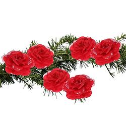 Foto van 6x stuks decoratie bloemen rozen rood op clip 9 cm - kersthangers