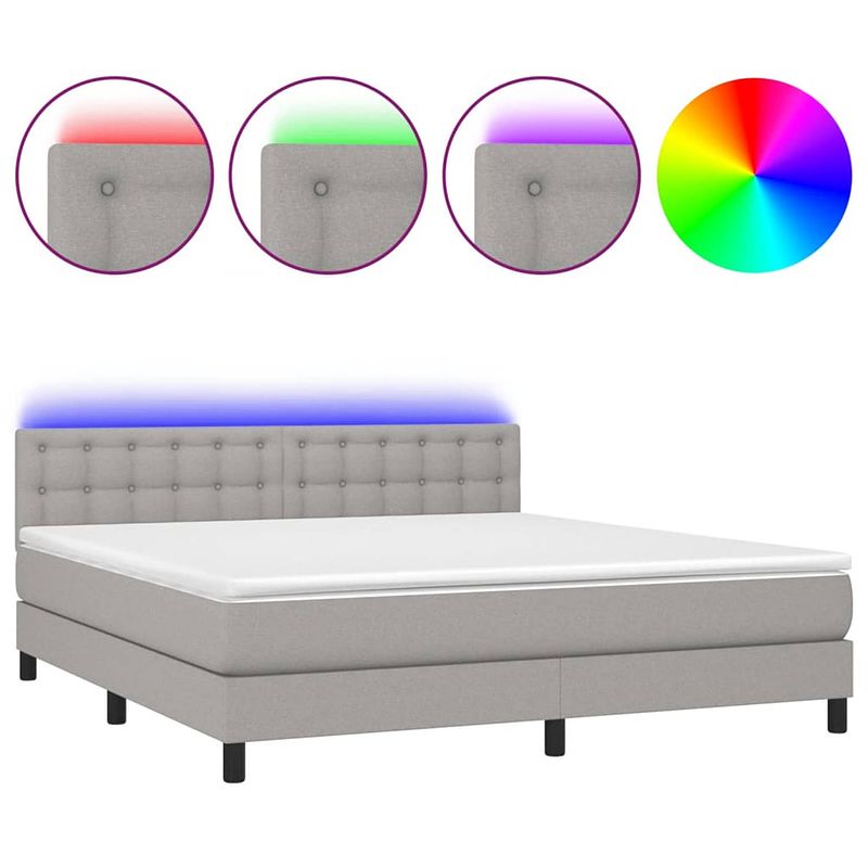 Foto van The living store boxspring bed - led - pocketvering - huidvriendelijk - lichtgrijs - 203 x 180 x 78/88 cm - wit - 180 x