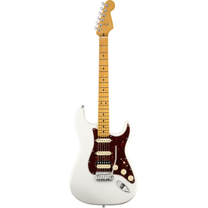 Foto van Fender american ultra stratocaster hss arctic pearl mn elektrische gitaar met koffer