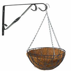 Foto van Hanging basket 30 cm met klassieke muurhaak groen en kokos inlegvel - metaal - complete hangmand set - plantenbakken