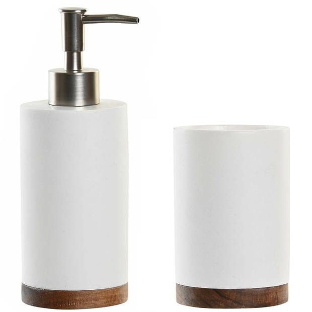 Foto van Badkamer accessoires setje drinkbeker en zeeppompje 19 cm wit/hout - zeeppompjes