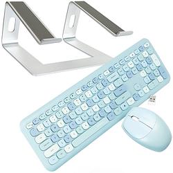 Foto van Retro toetsenbord en muis set draadloos - blauw - combideal met stevige laptop standaard