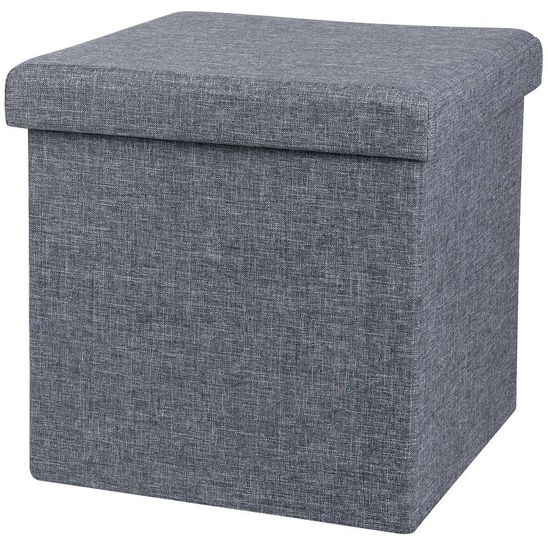 Foto van Urban living poef/hocker - opbergbox zit krukje - grijs - linnen/mdf - 37 x 37 cm - opvouwbaar - poefs