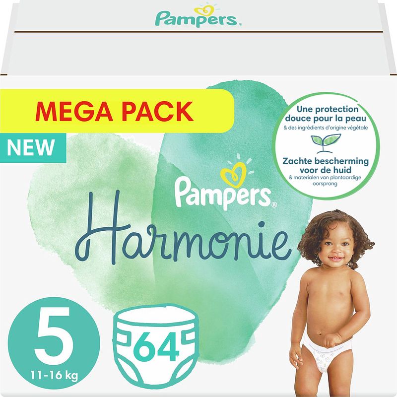 Foto van Pampers - harmonie pure - maat 5 - mega pack - 64 luiers