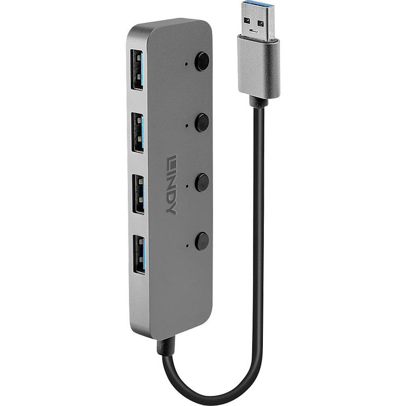 Foto van Lindy 4 port usb 3.0 hub mit ein-/ausschaltern 4 poorten usb 3.0-hub individueel schakelbaar grijs