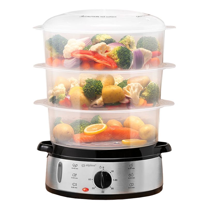 Foto van Alpina stoomkoker - 230v/800w - 3-laags food steamer - bpa-vrij - vaatwasser bestendig - timer - 9 liter inhoud