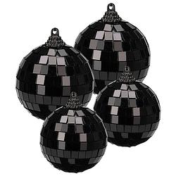 Foto van Grote discobal kerstballen - 4x stuks - zwart - 8 en 10 cm - kunststof - kerstbal