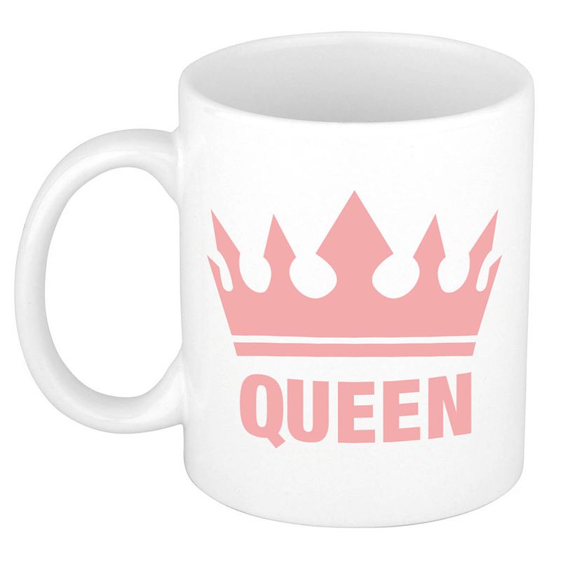 Foto van Cadeau queen mok/ beker wit met roze bedrukking 300 ml - feest mokken