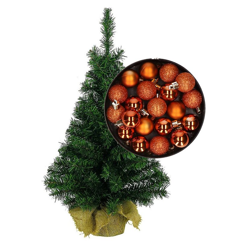 Foto van Mini kerstboom/kunst kerstboom h45 cm inclusief kerstballen oranje - kunstkerstboom