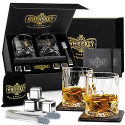 Foto van Whisiskey luxe whiskey set - incl. 2 whiskey glazen, 4 whiskey stones, 2 onderzetters, fluwelen opbergzak, opbergbox - w