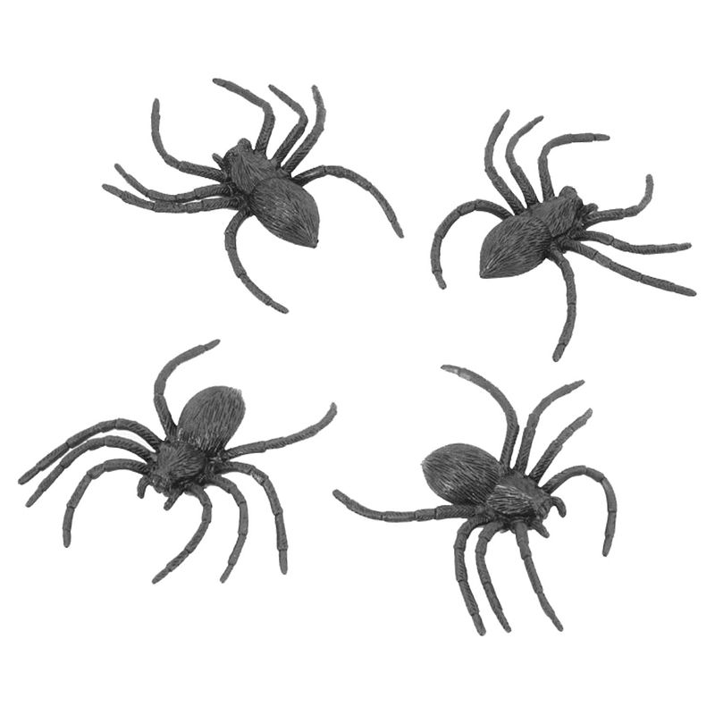 Foto van Chaks nep spinnen/spinnetjes 9 cm - zwart - 4x stuks - horror/griezel thema decoratie beestjes - feestdecoratievoorwerp