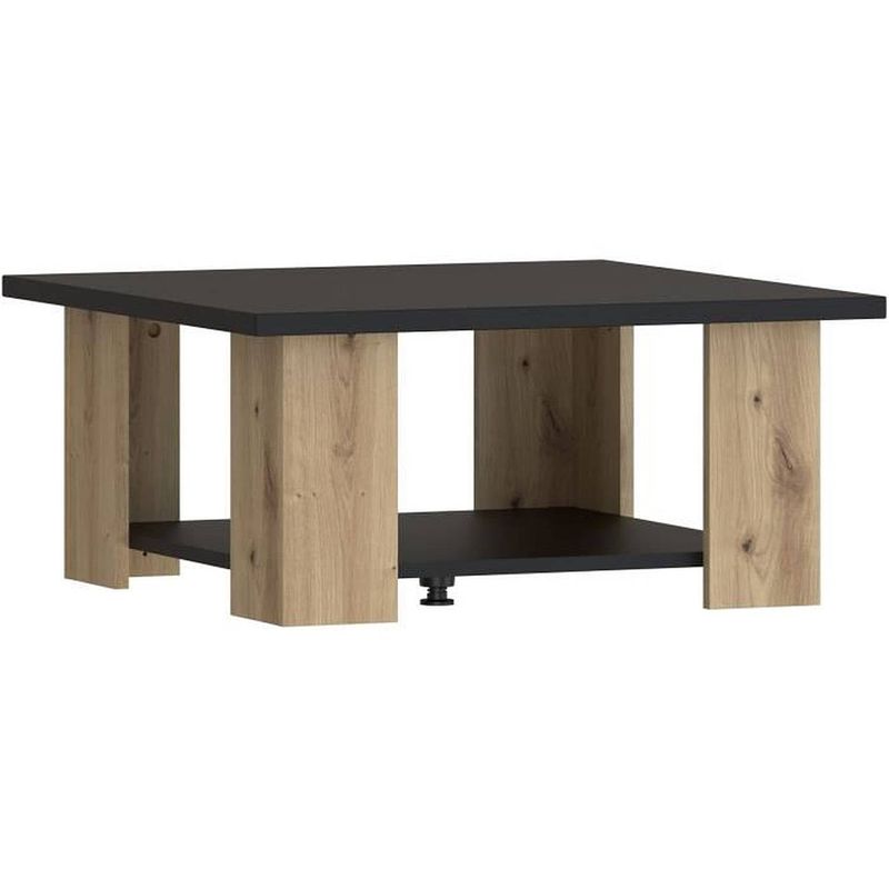Foto van Pilvi salontafel met 2 dienbladen - eigentijdse stijl - melaminedeeltjes - eiken en zwart decor - l 67 x d 67 x h 31 cm