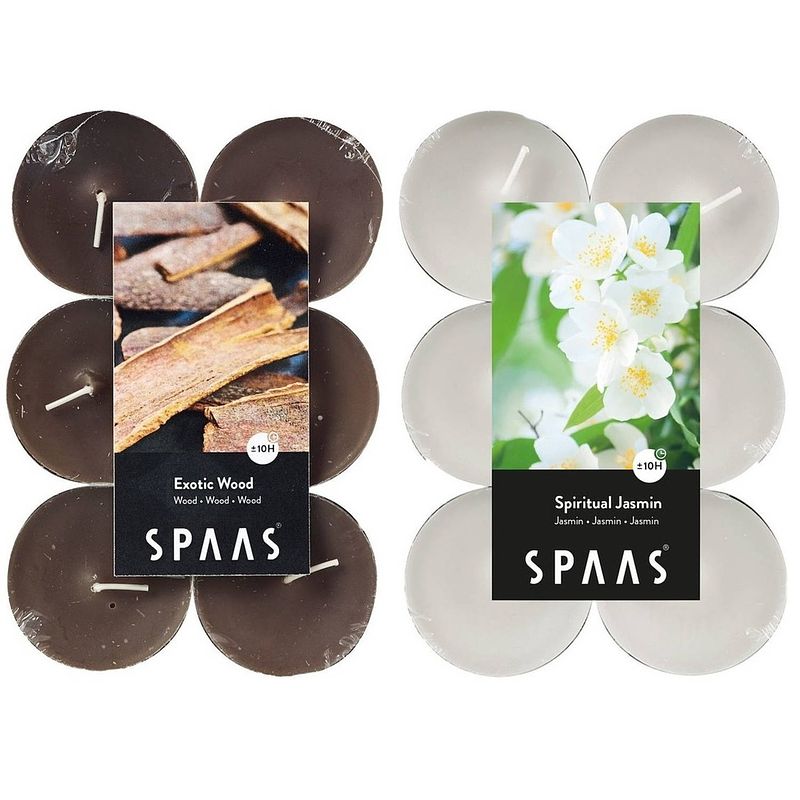 Foto van Candles by spaas geurkaarsen - 24x stuks in 2 geuren jasmin en exotic wood - geurkaarsen