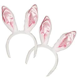 Foto van 2x stuks verkleed diadeem wit met roze konijnen/hazen oren - verkleedhoofddeksels