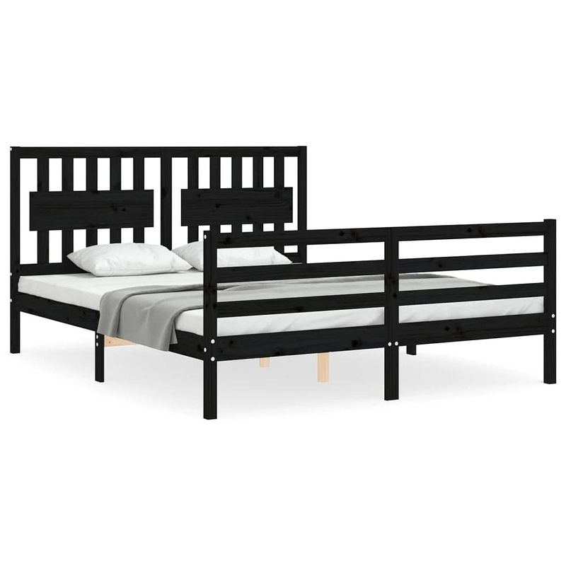 Foto van The living store massief grenenhouten bedframe - zwart - 205.5 x 165.5 x 100 cm - multiplex lattenbodem