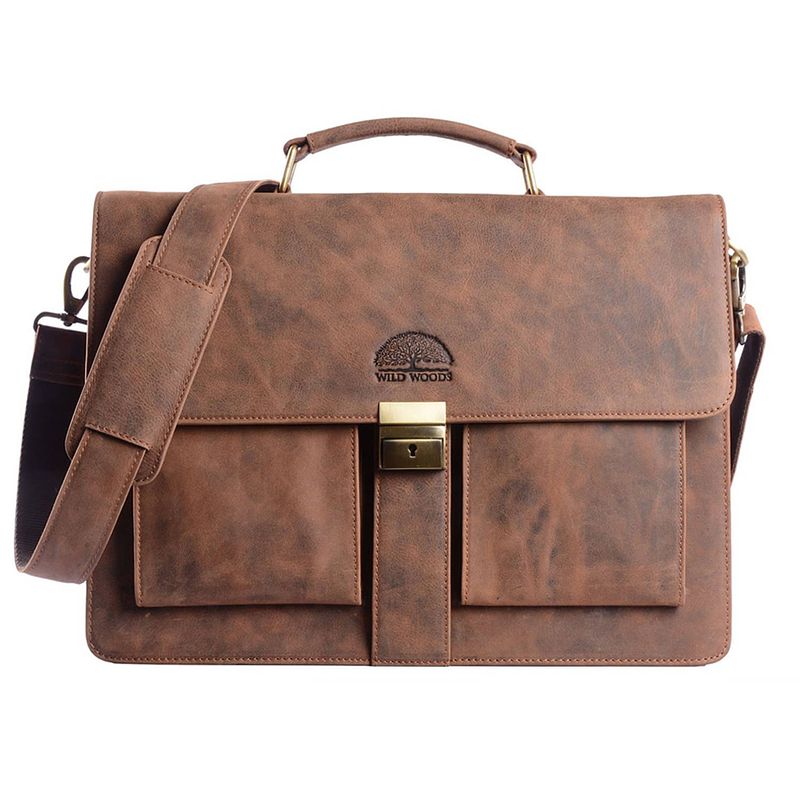 Foto van Wild woods leren briefcase aktetas met 15,6 inch laptopvak - business laptoptas - buffelleer - vintage bruin