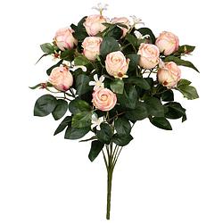 Foto van Louis maes kunstbloemen boeket rozen/bloesem met bladgroen - lichtroze - h49 cm - bloemstuk - kunstbloemen