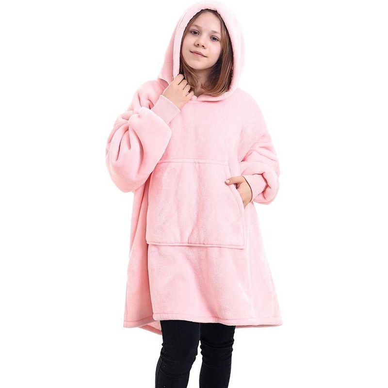 Foto van Noony roze hoodie deken kinderen - fleece deken met mouwen - ultrazachte binnenkant - one size - kids