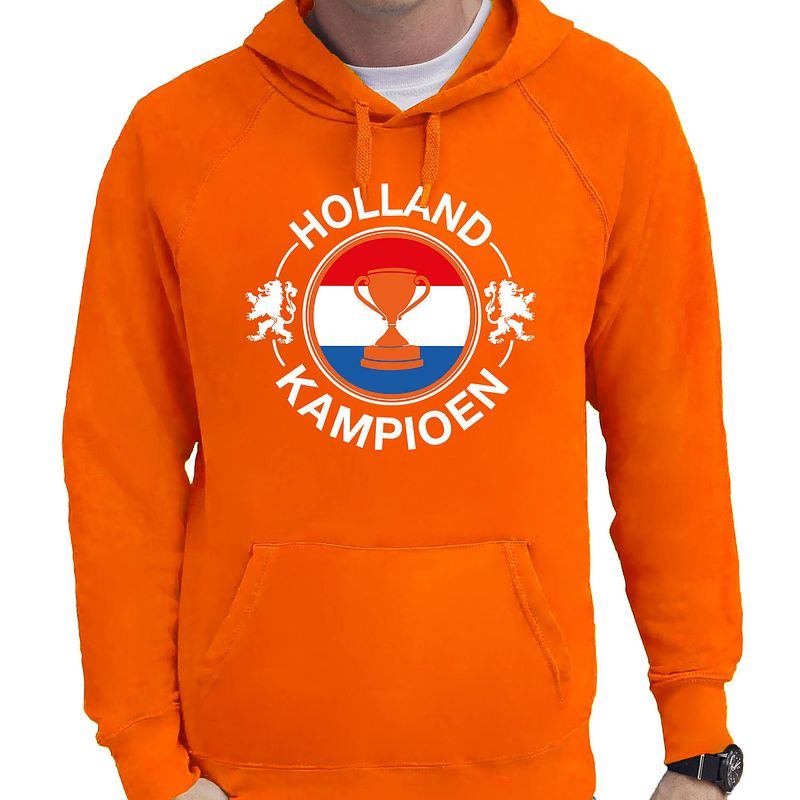 Foto van Oranje fan hoodie / sweater met capuchon holland holland kampioen met beker ek/ wk voor heren l - feesttruien