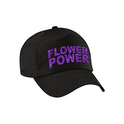Foto van Paarse glitter letters flower power verkleed pet/cap zwart volwassenen - verkleedhoofddeksels