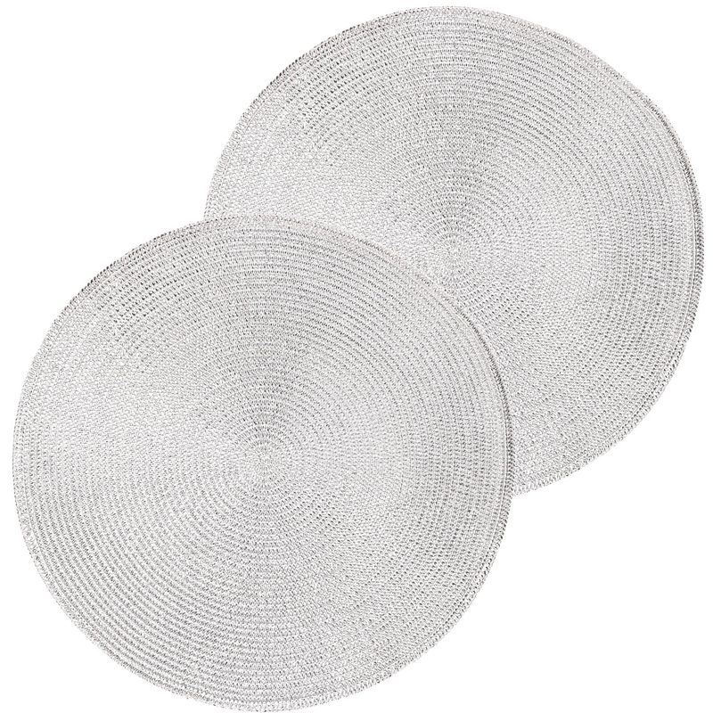 Foto van 2x ronde kerst placemats glimmend zilver 38 cm geweven/gevlochten - placemats