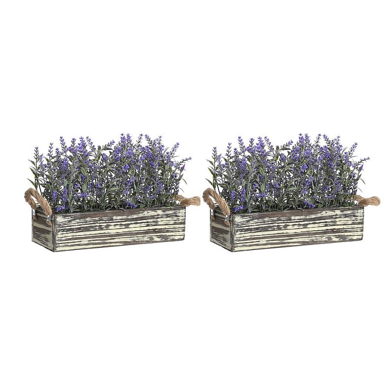 Foto van Items lavendel bloemen kunstplant in bloembak - 2x - donkerpaarse bloemen - 30 x 12 x 21 cm - bloemstukje - kunstplanten