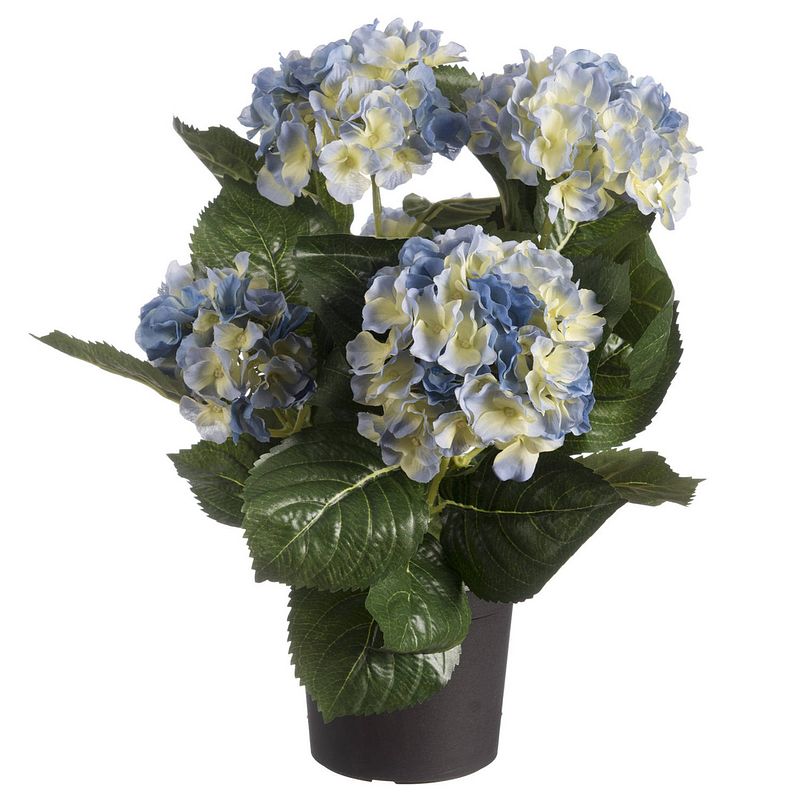 Foto van Blauwe hortensia hydrangea kunstplant in zwarte kunststof pot 44 cm - kunstplanten