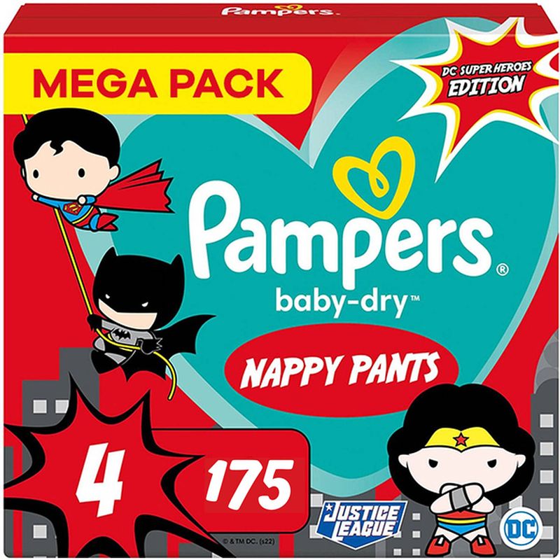 Foto van Pampers baby-dry pants - maat 4 - 175 luierbroekjes (7 x 25) - 9-15 kg - justice league