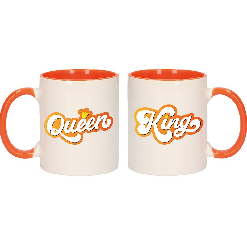 Foto van King and queen cadeau mok / beker wit en oranje - feest mokken