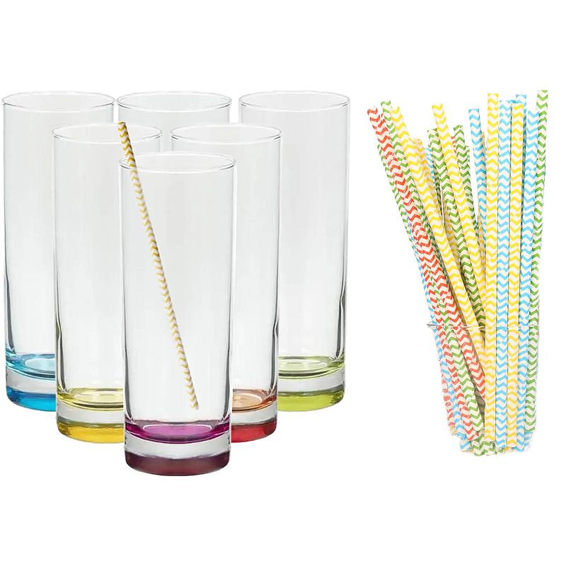 Foto van Set van 6x longdrinkglazen en 100x duurzame rietjes papier - 310 ml - longdrinkglazen