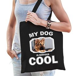 Foto van Katoenen tasje my dog is serious cool zwart - duitse herder honden cadeau tas - feest boodschappentassen