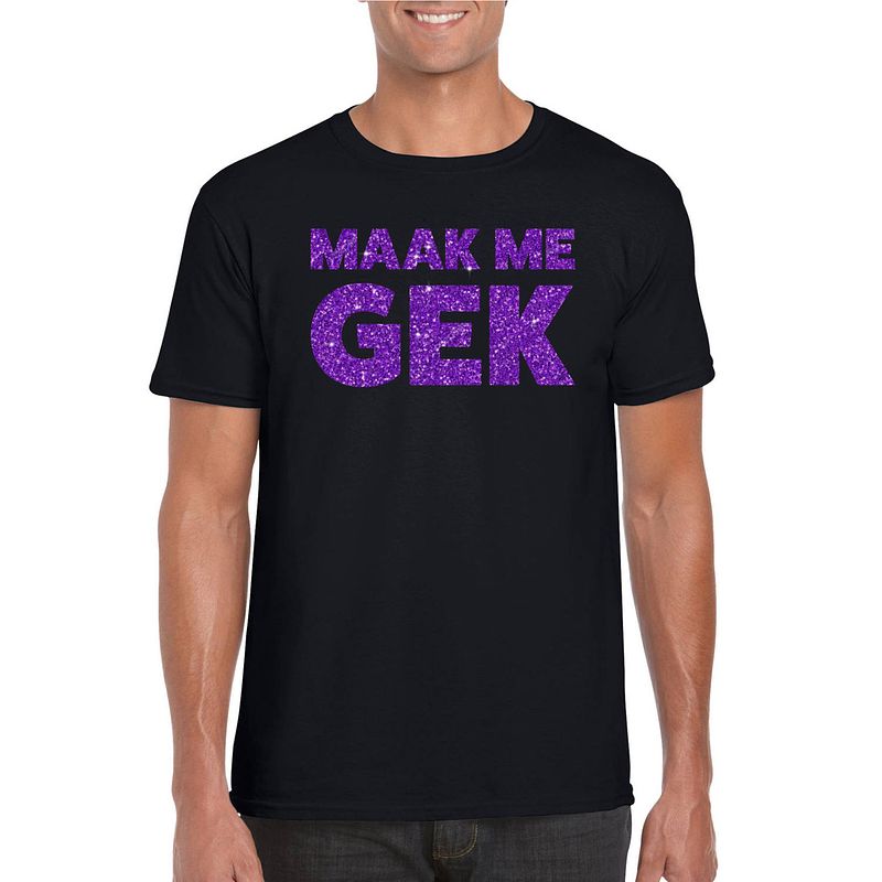 Foto van Toppers zwart maak me gek t-shirt met paarse glitter letters heren m - feestshirts