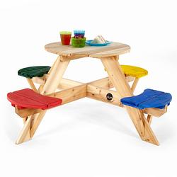 Foto van Plum ronde kinder picknicktafel met gekleurde stoelen - hout - naturel