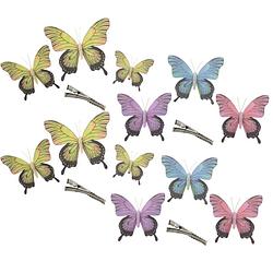 Foto van Othmar decorations decoratie vlinders op clip 12x stuks - geel/paars/blauw/roze - hobbydecoratieobject