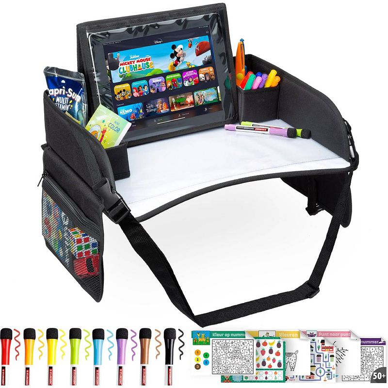 Foto van Rx goods premium reistafel met tekentafel & tablethouder- opvouwbaar - auto organizer - whiteboard - grijs