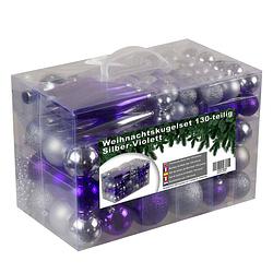 Foto van Kunststof kerstballen set 130 ballen, piek en parelsnoer zilver/paars
