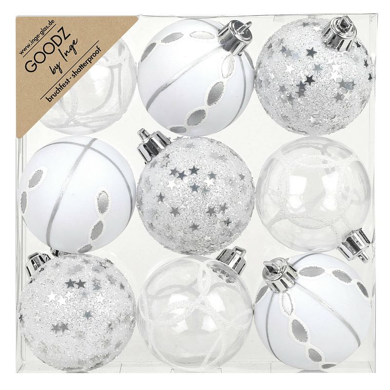 Foto van Inge christmas goodz kerstballen - 9x st- 6 cm - kunststof - zilver/wit - kerstbal