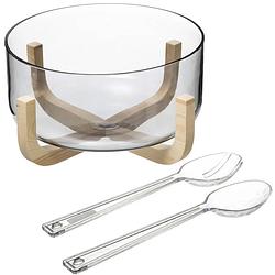 Foto van Secret de gourmet slakom/schaal met slacouvert - glas/hout - d24 cm - saladeschalen