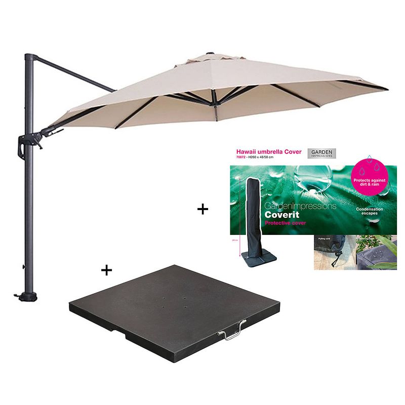 Foto van Garden impressions hawaii zweefparasol ø350 cm donker grijs/ecru met 90 kg parasolvoet en parasolhoes