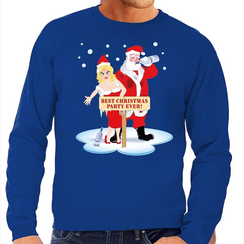 Foto van Foute kersttrui / sweater dronken kerstman en kerstvrouw na kerstborrel/ feest blauw voor heren - kersttruien 2xl (56)