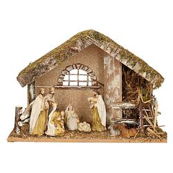 Foto van Complete kerststal met 8x st kerststal beelden - 42 x 19 x 30 cm - hout/polyresin - kerststallen