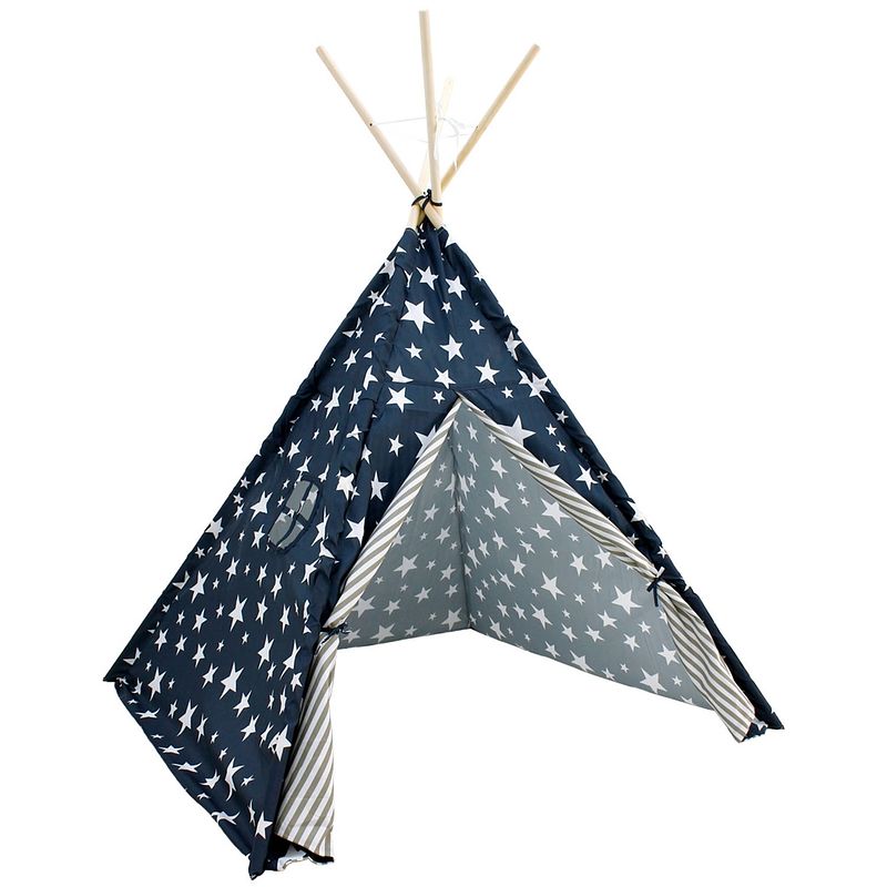 Foto van Indiase tipi speeltent voor kinderen, blauw met sterren, met venster