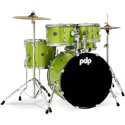 Foto van Pdp drums center stage fusion electric green sparkle 5d. drumstel met bekkens en hardware