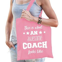 Foto van Bellatio decorations cadeau tas voor coach - katoen - 42 x 38 cm - licht roze - geweldige coach - feest boodschappentass