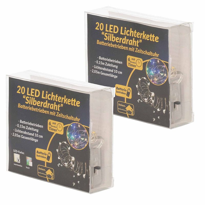 Foto van 2x draadverlichting zilver met warm witte led lampjes 2 meter op batterijen met timer - lichtsnoeren