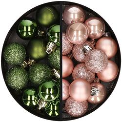 Foto van 34x stuks kunststof kerstballen groen en lichtroze 3 cm - kerstbal