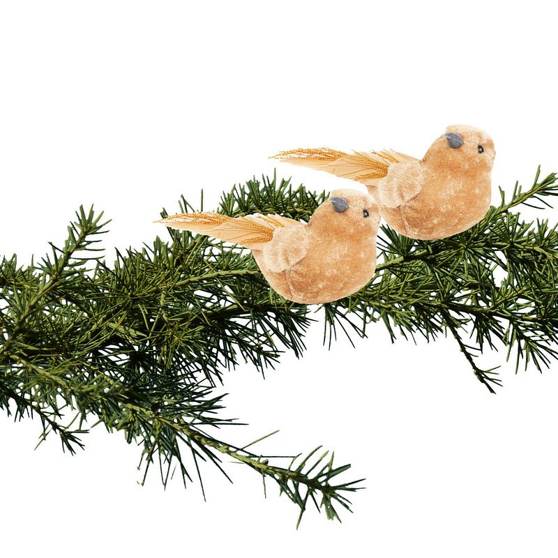 Foto van 2x stuks kunststof decoratie vogels op clip caramel bruin 12 cm - kersthangers